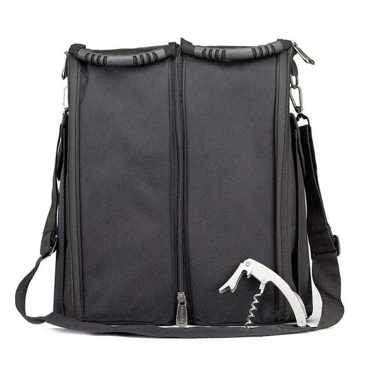 Black dual travel tote with sommelier bottle opener on white background