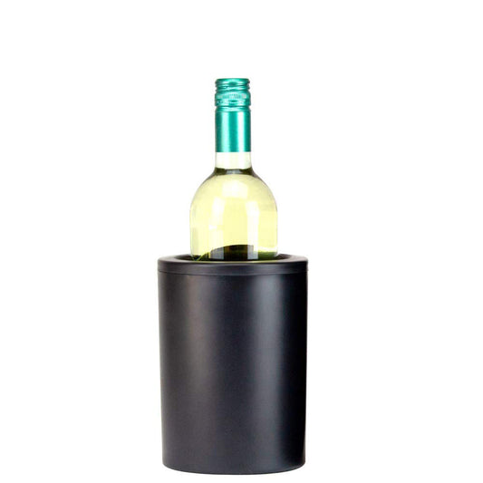 Black iceless wine chiller with bottle of white wine.