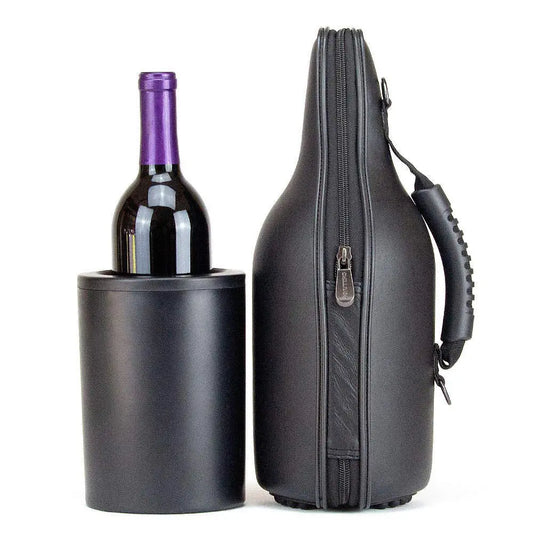 Wine bottle in iceless wine chiller with genuine leather wine tote set by CaddyO