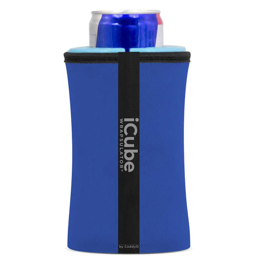 A midnight blue iCube Wrapsulator with a blue can partially inserted at the top.