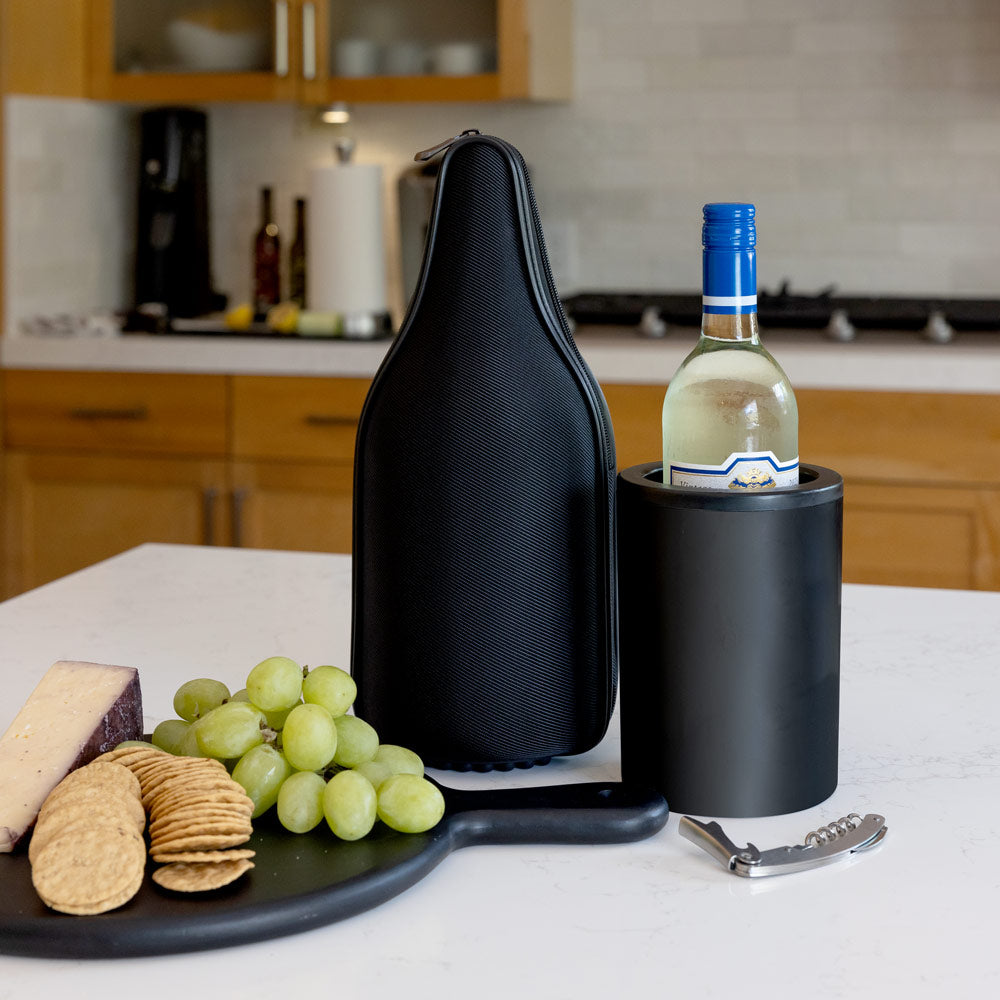 Wine bottle in iceless wine chiller with CaddyO wine tote