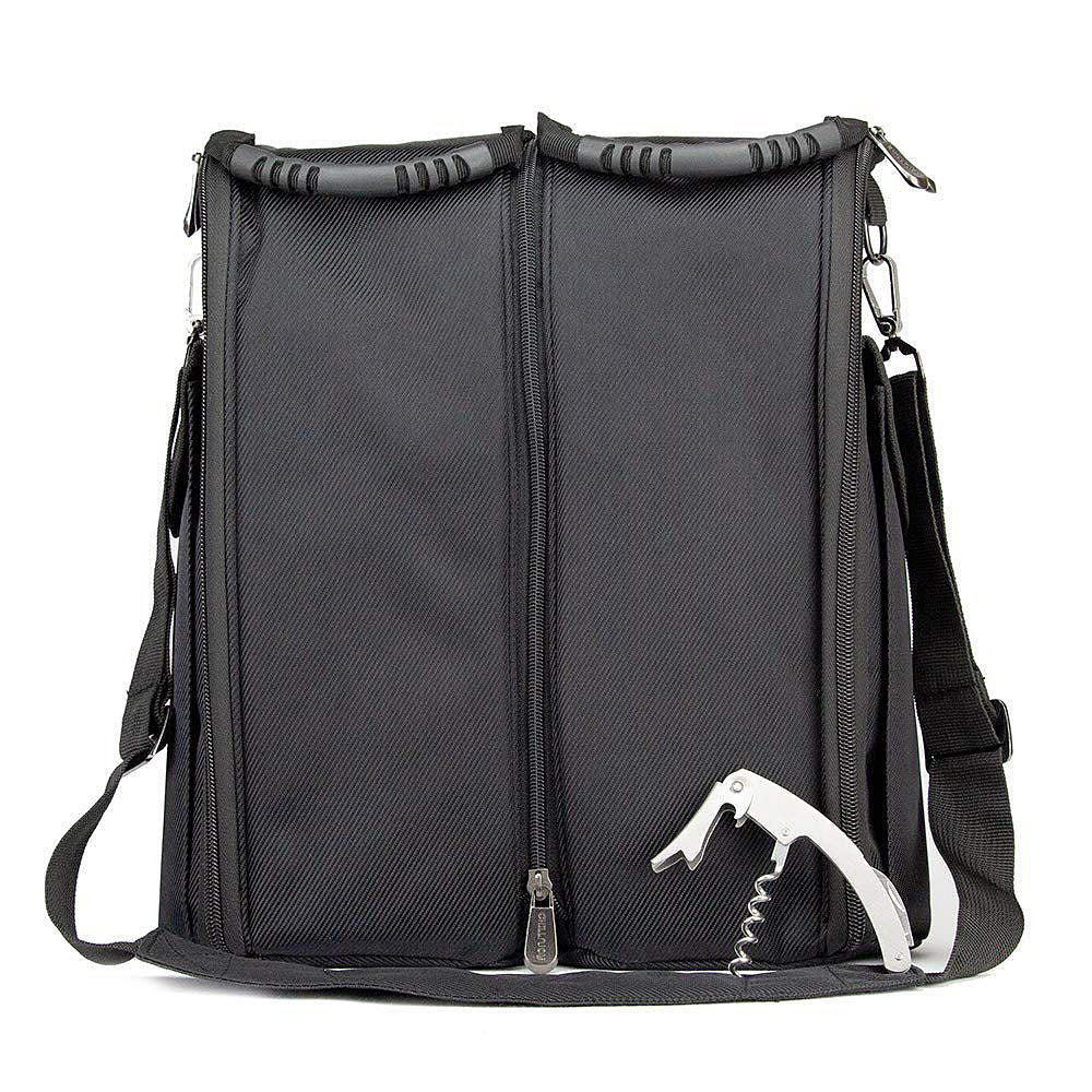 Black dual travel tote with two chillers, made of nylon, designed for carrying snacks and drinks while keeping them cold.