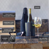 Elegant cloth wine tote set with iceless wine chiller and information labels