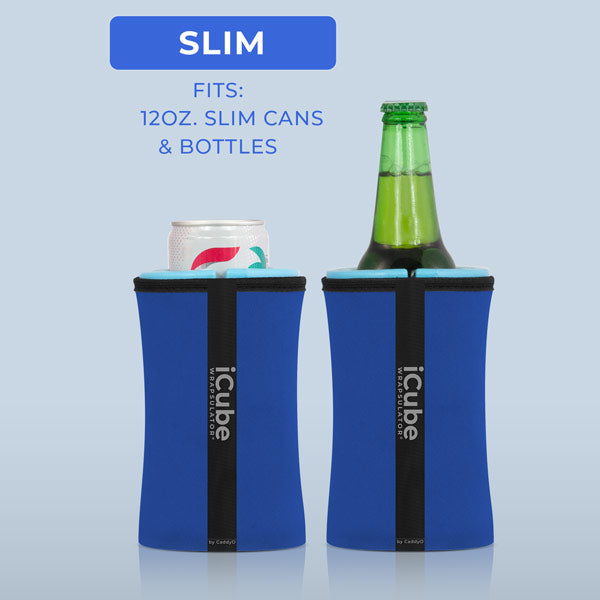 A midnight blue Wrapsulator Sim with a slim 12oz. canned drink, and a midnight blue Wrapsulator Sim with a slim 12oz. bottle