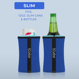 A midnight blue Wrapsulator Sim with a slim 12oz. canned drink, and a midnight blue Wrapsulator Sim with a slim 12oz. bottle