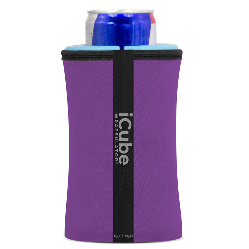 A purple iCube Wrapsulator with a blue can partially inserted at the top.