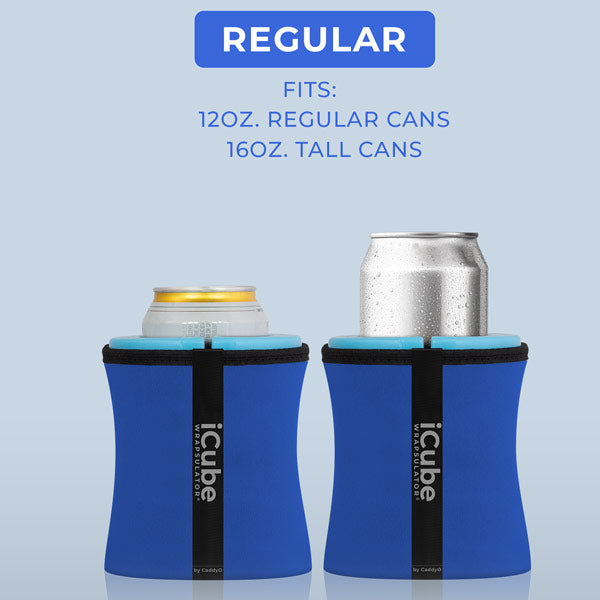 A midnight blue Wrapsulator Regular with a 12oz. canned drink, and a midnight blue Wrapsulator Regular with a 16oz. tall canned drink