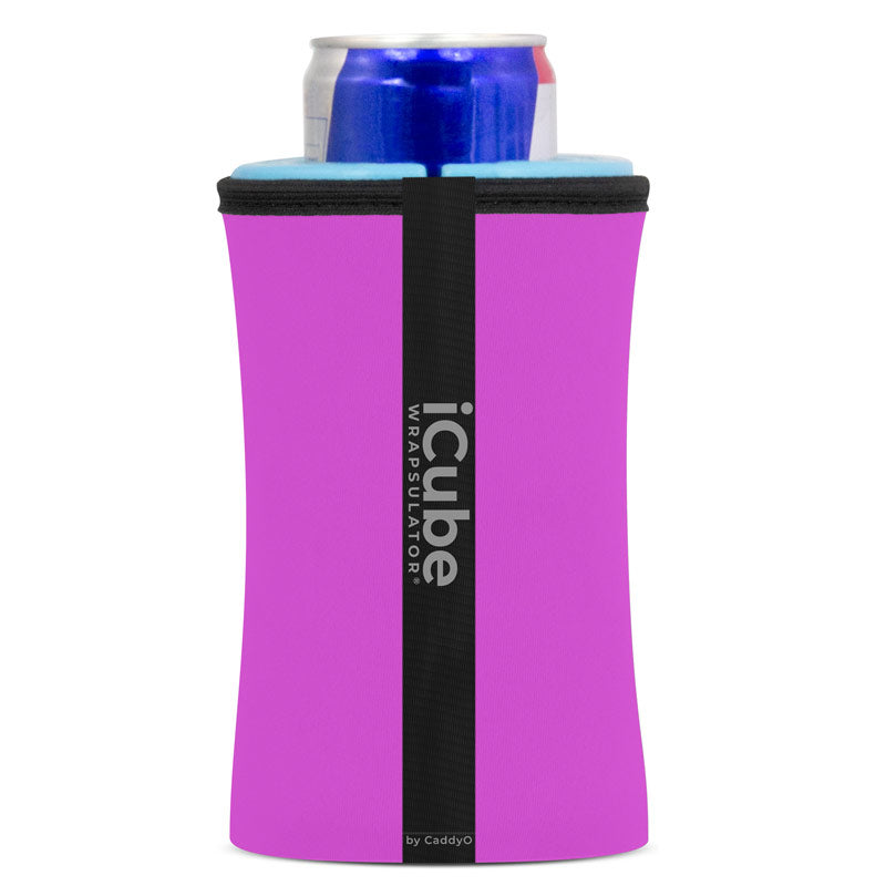 A pink iCube Wrapsulator with a blue can partially inserted at the top.